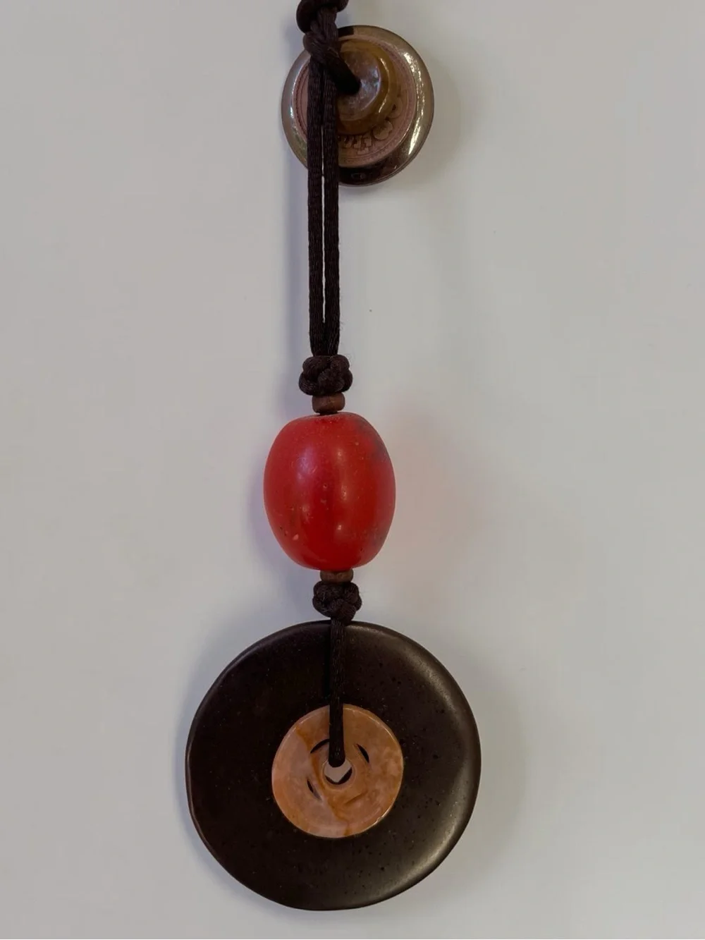 Asian Chinese Coin Donut Medallion Pendant Cord Necklace